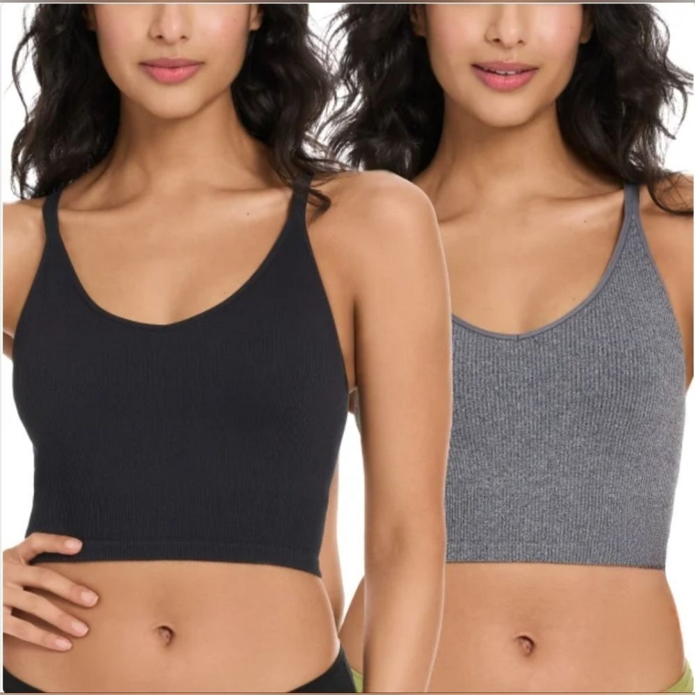 Lemon 2-Pack Longline Ribbed Bra Crossback Black Gray Women's Size L NWT